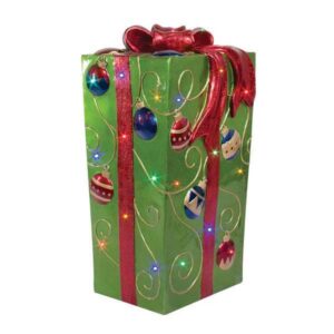 Lit Fiberglass Gift Box with Ornament Design - GREEN