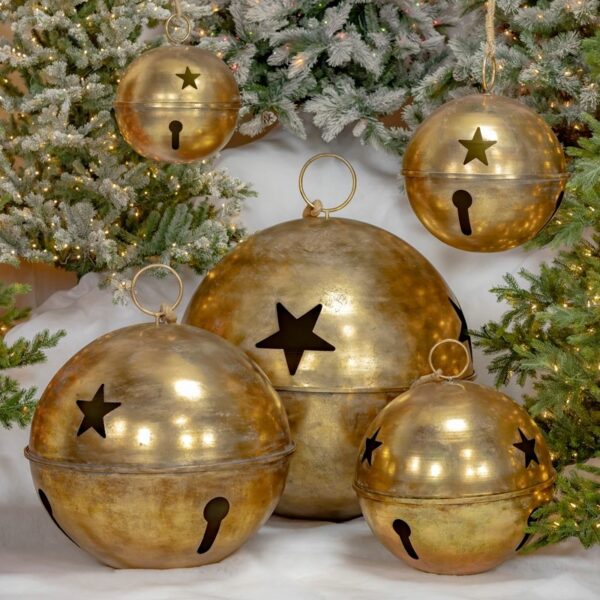 Gold Hanging Iron Sleigh Bells w/ Star Cutouts "Ringa Linga" (Set of 5x)