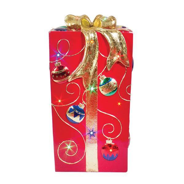 Lit Fiberglass Gift Box with Ornament Design - RED