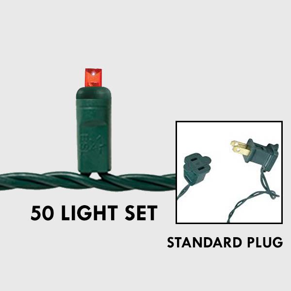 5mm LED - Ruby Red, 50L Green Wire - 6in. Spacing - Standard Plug