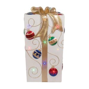 Lit Fiberglass Gift Box with Ornament Design - WHITE